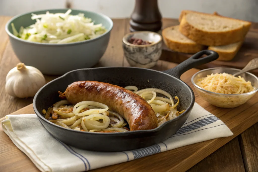 Sausage cooking in a skillet.