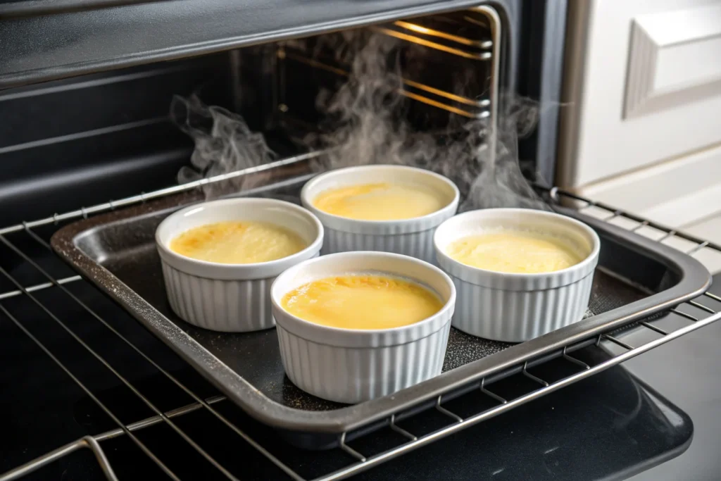 Water bath setup for crème brûlée baking.