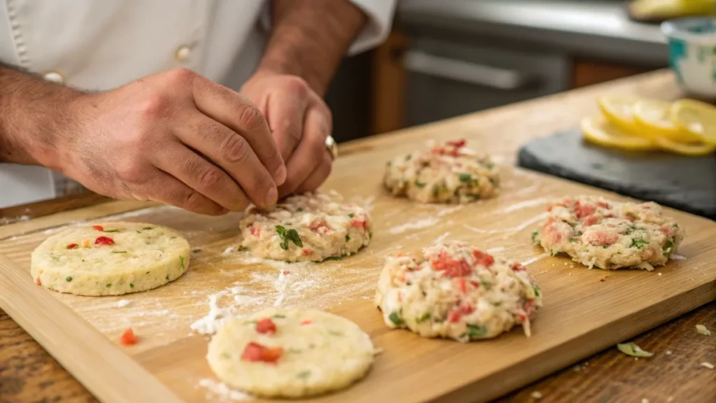 Shaping a crab cake patty