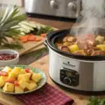 Crockpot with Sweet Hawaiian Chicken cooking inside, with steam rising.