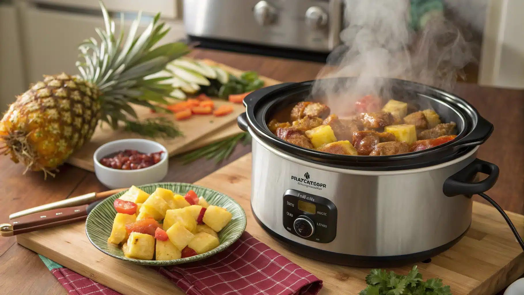 Crockpot with Sweet Hawaiian Chicken cooking inside, with steam rising.