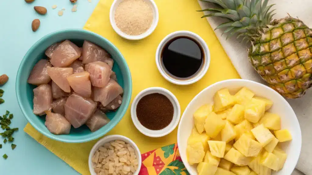 Ingredients for Sweet Hawaiian Crockpot Chicken laid out on a kitchen counter.