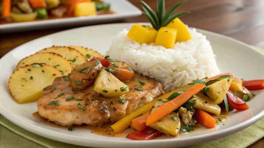 Sweet_Hawaiian Chicken served with jasmine rice and veggies on a white plate.