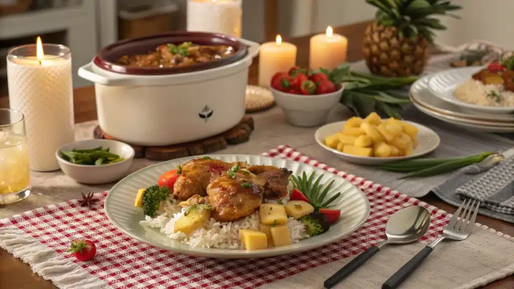 A dinner table with Sweet_Hawaiian Crockpot_Chicken and various sides.