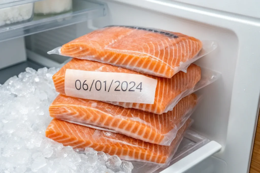 Frozen salmon in vacuum-sealed bags.