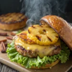 Juicy teriyaki pineapple burger with melted cheese.